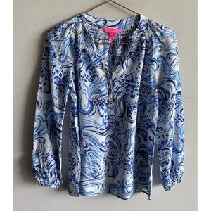 Lilly Pulitzer Elsa Womens Long Sleeve Paisley Blouse Silk Top Blue Size XXS